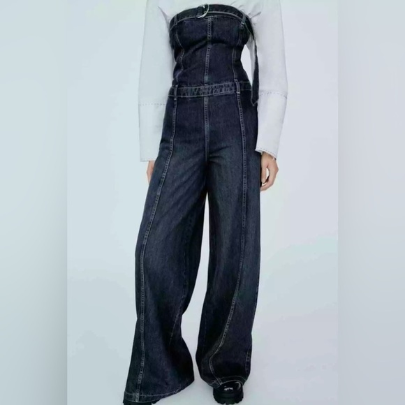 Zara STRAPLESS TRF DENIM JUMPSUIT. Navy Blue. Size M. New with Tags. - Picture 5 of 14